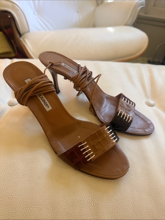 Manolo Blahnik Shoes - Vintage Manolo Blahnik Brown Croc-Embossed Strappy Heeled Sandals